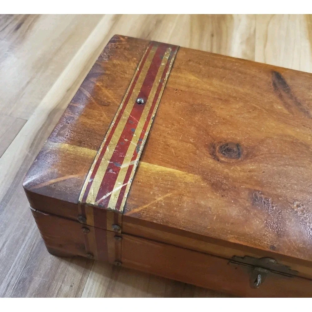 Vintage Rustic Wood Trinket Box Flat Top Storage Chest Striped Metal